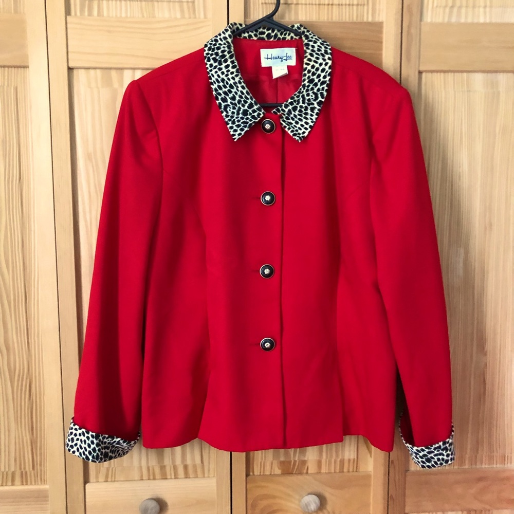 Henry Lee Women’s blazer jacket Sz 20 Red with black/white leopard print collar
